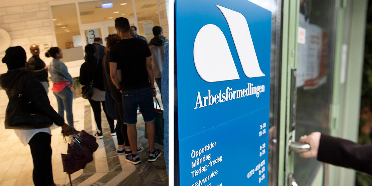 Kö på Arbetsförmedlingen och någon öppnar dörren till Arbetsförmedlingen. Sociologen Roland Paulsen skriver i en kommenterande text att sättet den ekonomiska expertisen ser på den höga arbetslösheten i dag skiljer sig från 1990-talet.