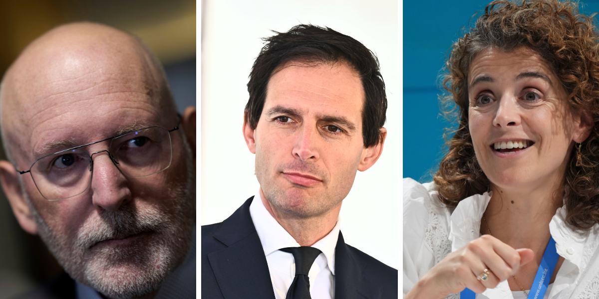 Här ser vi tidigare EU-kommissionären Frans Timmermans, nya EU-kommissionären, Wopke Hoekstra och den tillförordnade klimatministern för Nederländerna Sophie Hermans. (Foto: Peter Dejong, Claudio Bresciani och Sergei Grits/TT)
