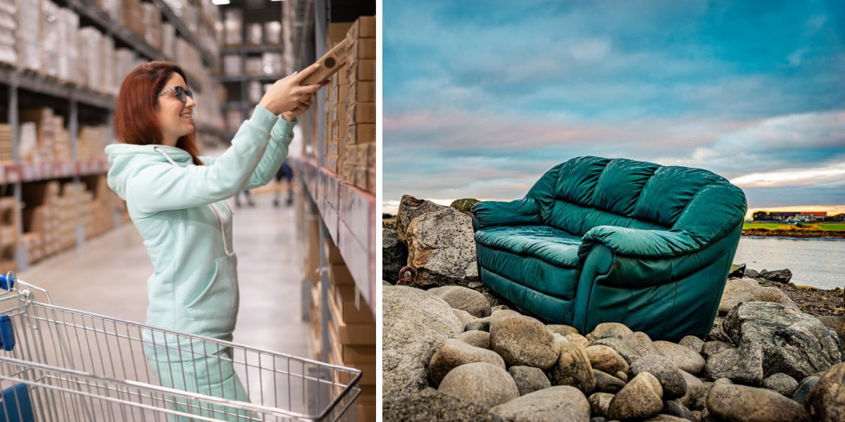 En kvinna handlar på Ikea och en gammal Ikea-soffa