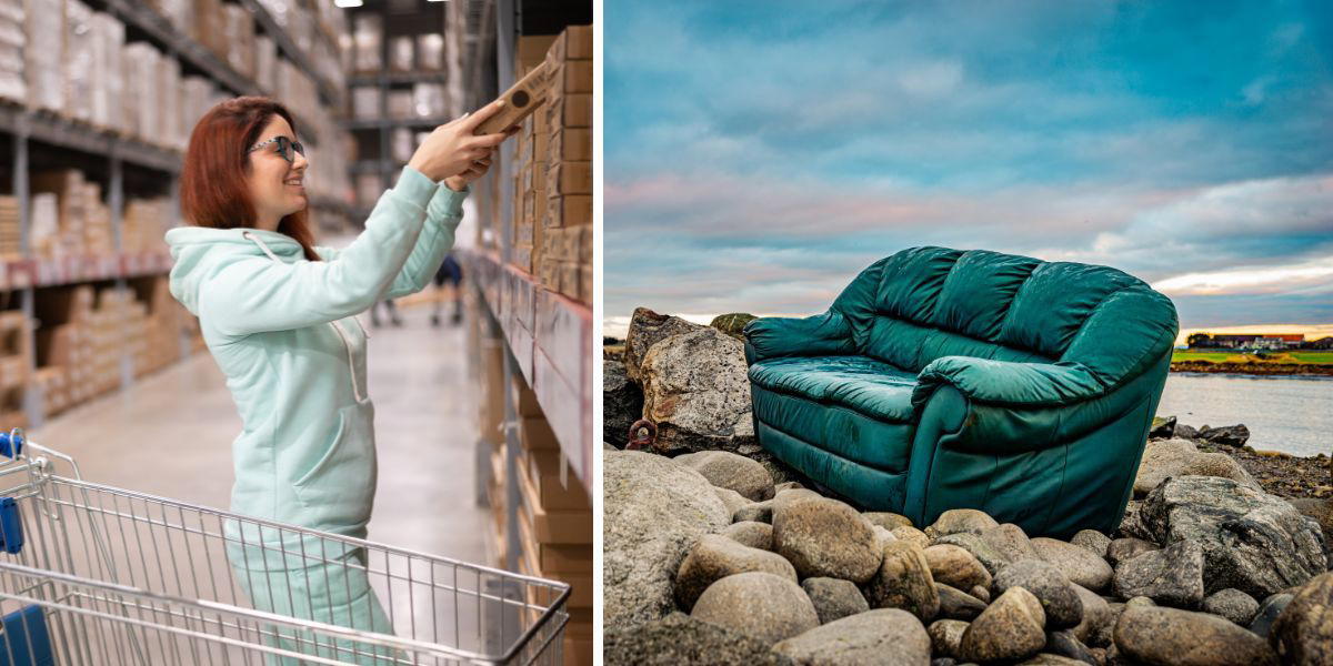 En kvinna handlar på Ikea och en gammal Ikea-soffa