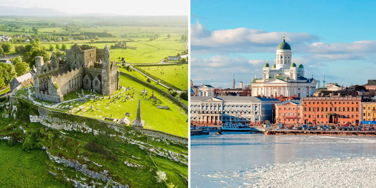 Till vänster, Cashelklippan och St. Patrick's Rock, en historisk plats i grevskapet Tipperary, som finns med bland de resmål Lonely Planet rekommenderar 2026. Till höger Helsingfors med Tuomiokirkko i bakgrunden, även Finland och dess huvudstad rekommenderas som resmål.