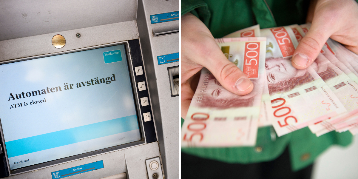 En avstängd svensk bankomat och en person som håller 500-lappar – symbol för Civilförsvarets varning om att kontanter är avgörande vid kris och krig.