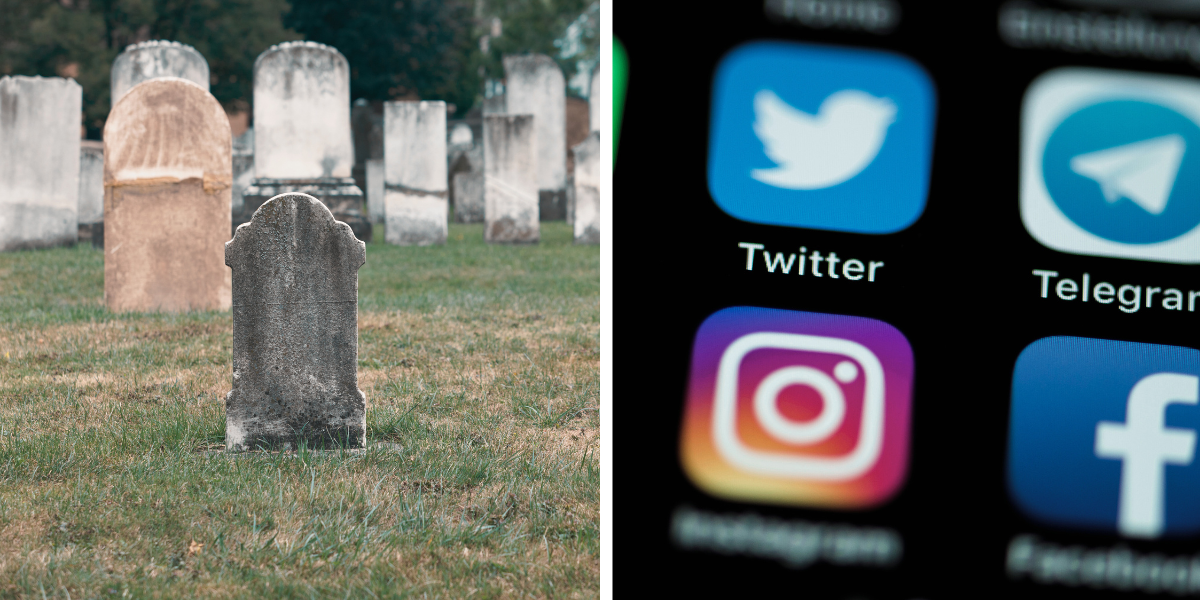 Appar för sociala medier visas på en mobil framför en kyrkogård, som symbol för digitalt arv.