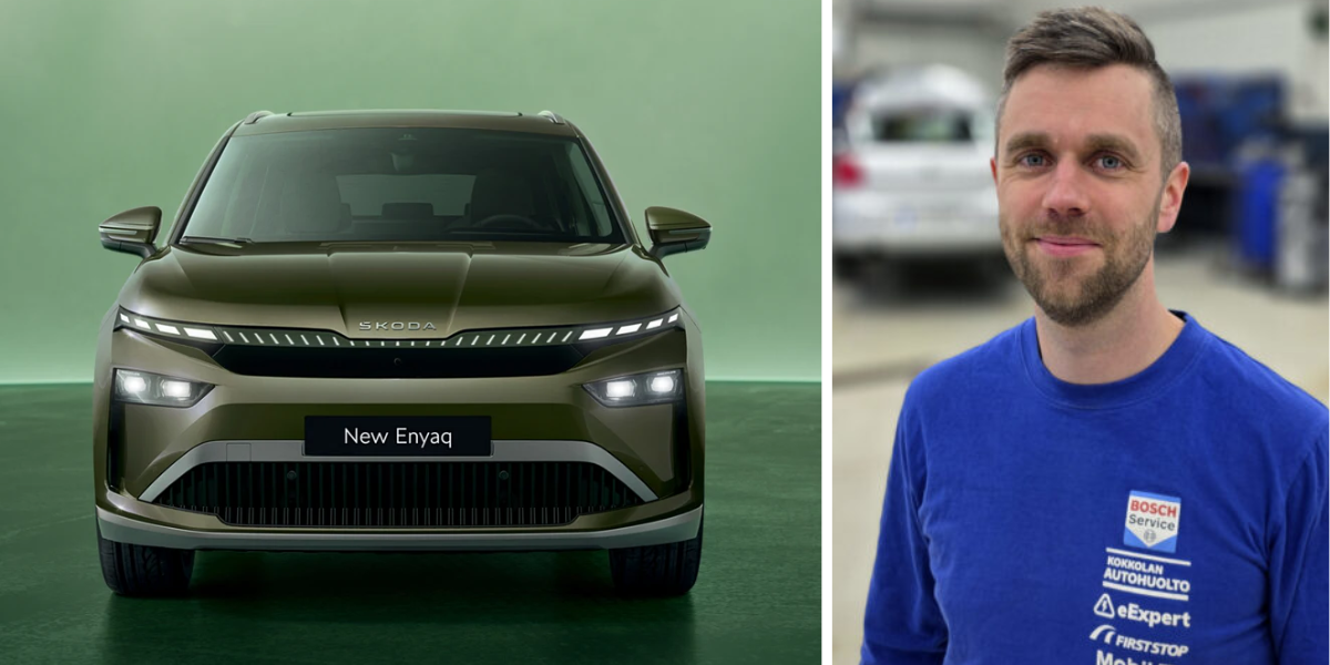 Skoda Enyaq och mekanikern Jesse (Foto: Skoda och Kokkolan Autohuolto)