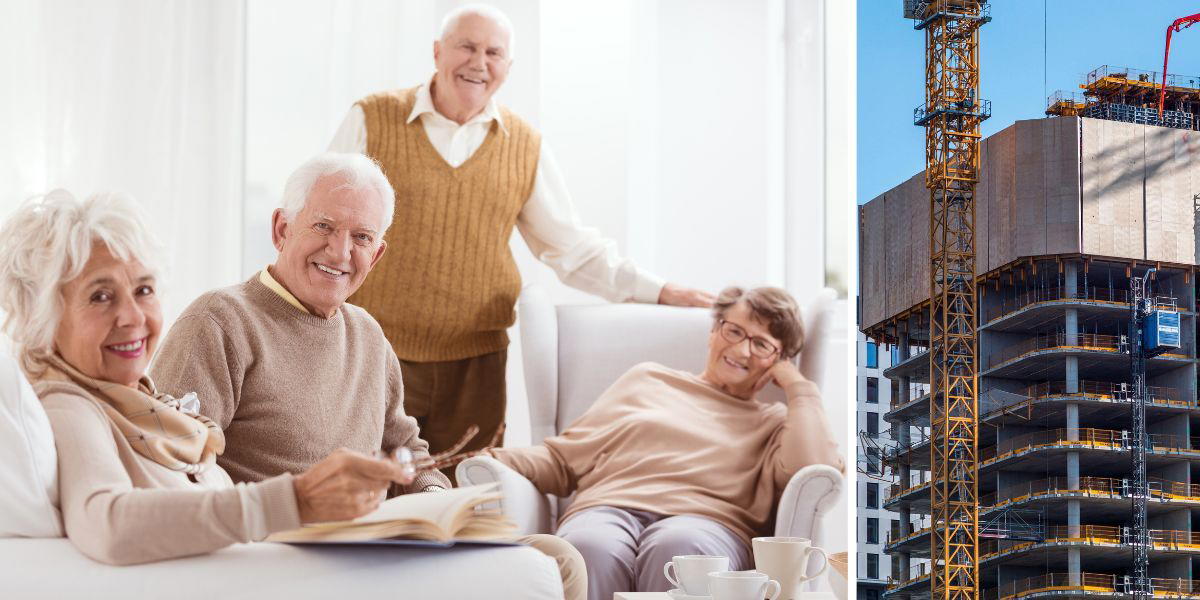 En grupp äldre som umgås och ett bygge. Det finns inte tillräckligt med bostäder för äldre och det byggs för få särskilda boenden och trygghetsboenden, detta trots att vi lever allt längre och blir allt äldre.