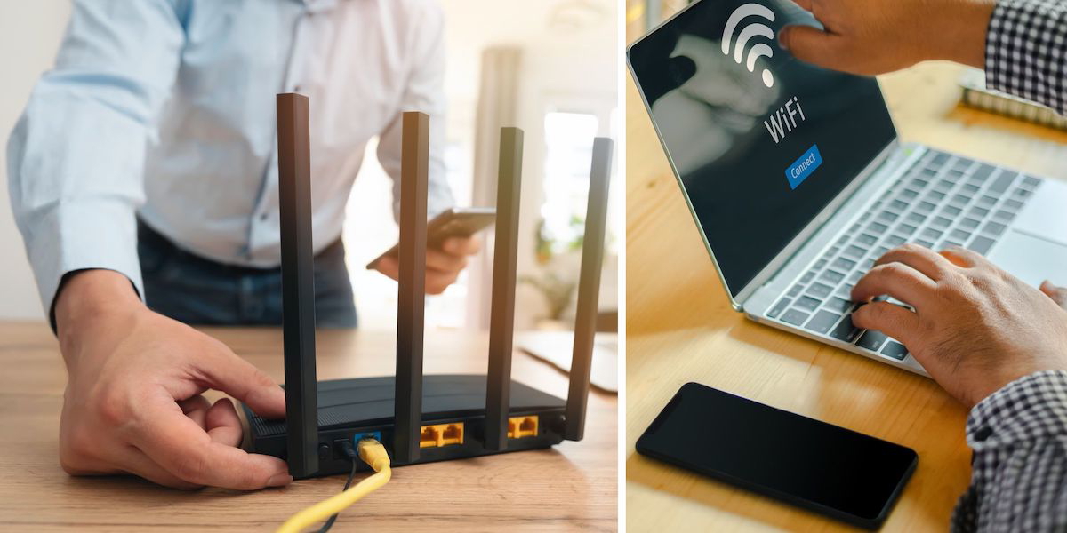 En man och hans rauter och en man surfar med wifi. Kunders nöjdhet med sina bredbandslebverantörer minskar, det visar en ny undersökning.