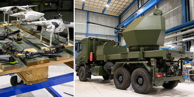Försvarsföretaget BAE Systems Bofors i Karlskoga, till vänster, drönare nedskjutna av företagets nya lyftvärnssytem Tridon Mk2 för bekämpning av bland annat drönare och till höger, Tridon Mk2 med en 40 mm automatkanon L/70. Allt fler regioner tillåter investeringar i försvrsindustrin.