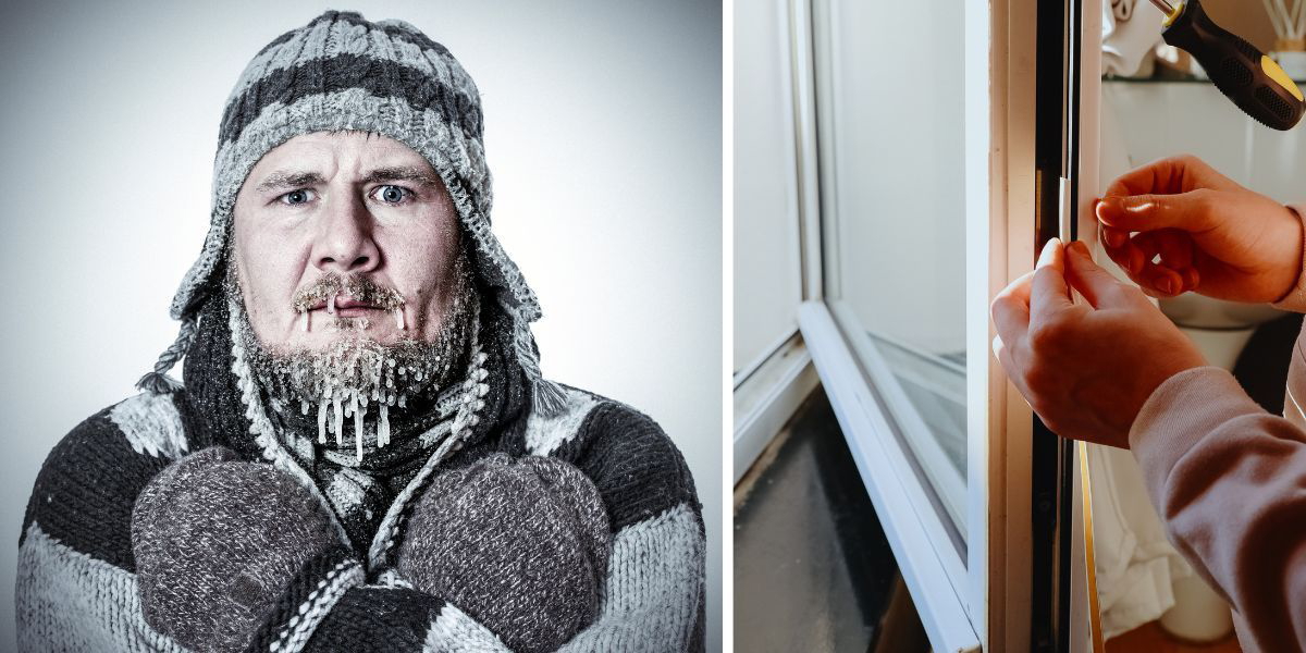 En man med vantar och mössa fryser och någon tätar ett fönster. Undvik att frysa inomhus i vinter, utan att för den skull få skyhöga uppvärmningskostnader. Här för du några tips på vad du kan göra, dessutom får du veta varför vi ofta blir känsligare för kyla när vi blir äldre.