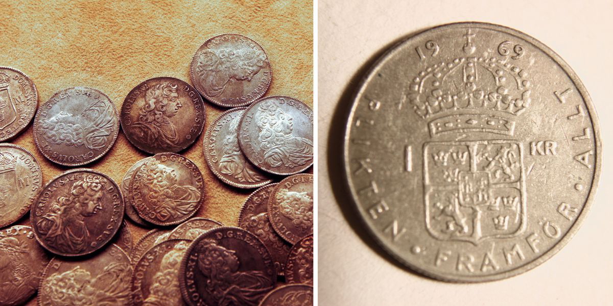 Gamla svenska mynt som kan innehålla silver och en enkrona från 1965, från 1942 till 1968 innehåll svenska enkronor 40 procent silver, har du en från 1969 har du otur, för den innehåller inte silver