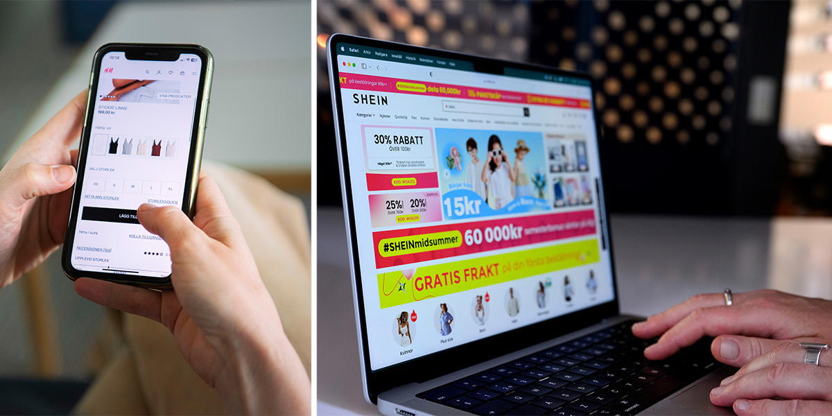 En klädbutiks app och någon handlar kläder online. Naturskyddsföreningen har kartlagt köptriggers på nio stora modeföretags sajter, appar och sociala medier.
