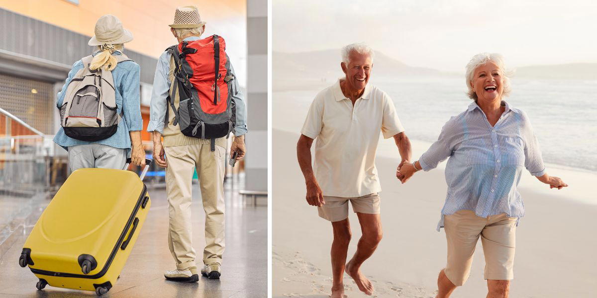 Ett pensionärspar på en flygplats och ett par pensionärer springer på en sandstrand