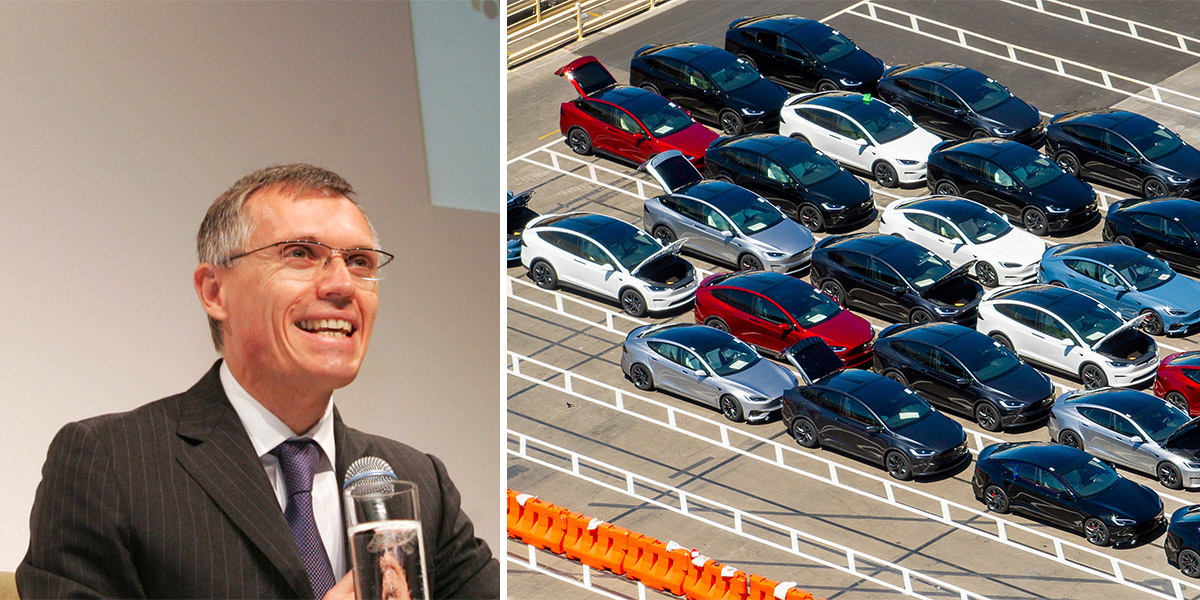 Carlos Tavares i maj 2008 och Tesla-bilar på en parkeringsplats vid bolagets fabrik i Fremont, Kalifornien,,USA i augusti 2025.