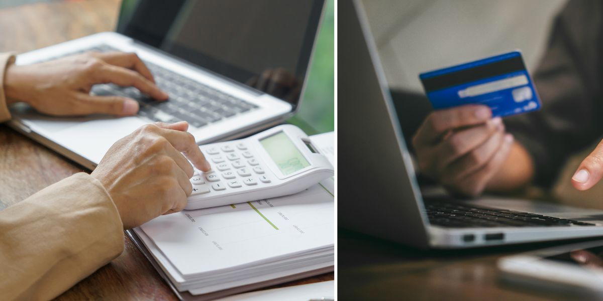 En person räknar vid datorn och en person handlar vid datorn. Experter ger råd om hur du kan spara mer till pensionen och påminner om att det bästa sättet att öka besparingarna är att minska utgifterna.