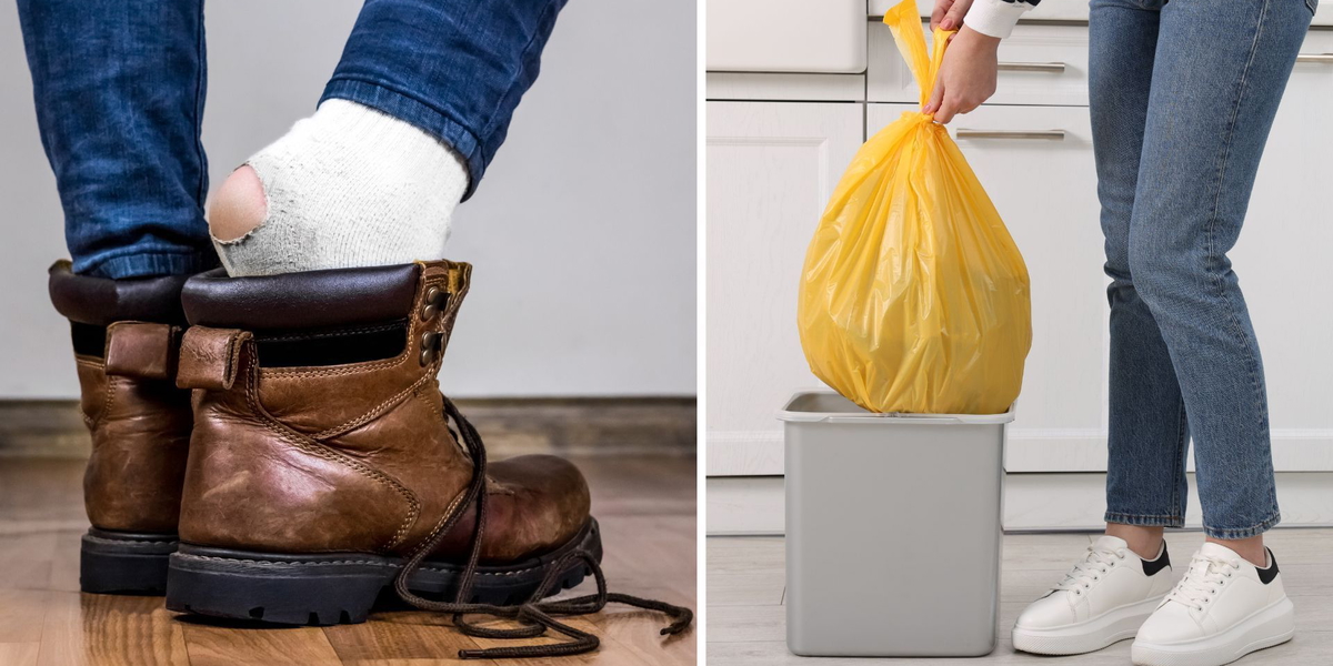 En trasig strumpa och en soppåse i köket. Lagen om textilavfall som förbjöd oss att kasta uttjänta kläder, som gamla trasiga strumpor, i hushållssoporna har inte fungerat och därför har den nu ändrats