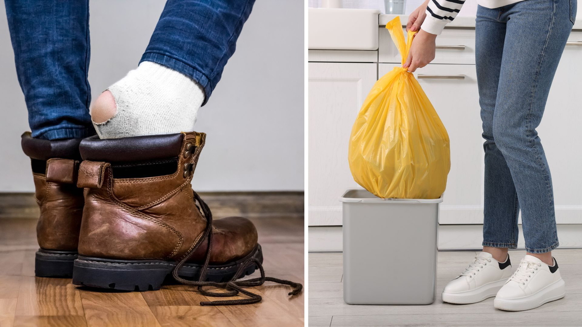 En trasig strumpa och en soppåse i köket. Lagen om textilavfall som förbjöd oss att kasta uttjänta kläder, som gamla trasiga strumpor, i hushållssoporna har inte fungerat och därför har den nu ändrats