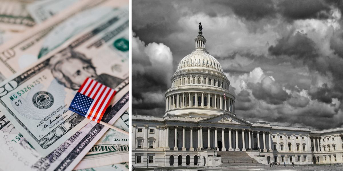 Dollar, en amerikansk flagga och storm över Vita huset. Nästa år tros USA:s BNP utklassa flera av världens största ekonomiers, men landet har stora ekonomiska problem som kan sluta med en recession.