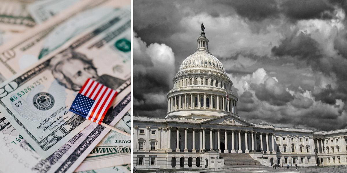 Dollar, en amerikansk flagga och storm över Vita huset. Nästa år tros USA:s BNP utklassa flera av världens största ekonomiers, men landet har stora ekonomiska problem som kan sluta med en recession.