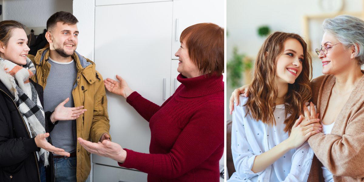 En kvinna öppnar dörren för sina vuxna barn och en kvinna pratar med sin vuxna dotter. Som äldre föräldrar kan vi se till att våra hem blir platser som våra vuxna barn gärna vill komma till så att deras besök inte bara blir pliktskyldiga
