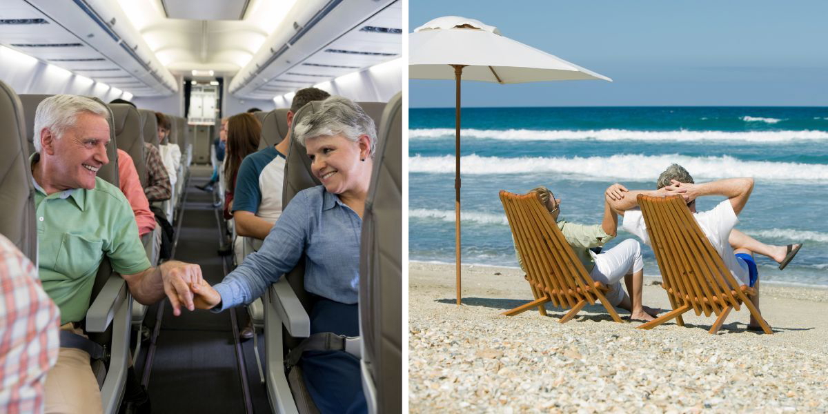 Ett par sitter på ett flygplan och ett par sitter på en strand. Resvanorna hos resenärer som är över 50 år ändrar sig, det visar statistik och en rapport om restrender under 2025.