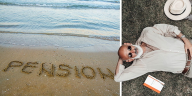 En strand med ordet pension skrivet i sanden och en man ligger och njuter på marken.