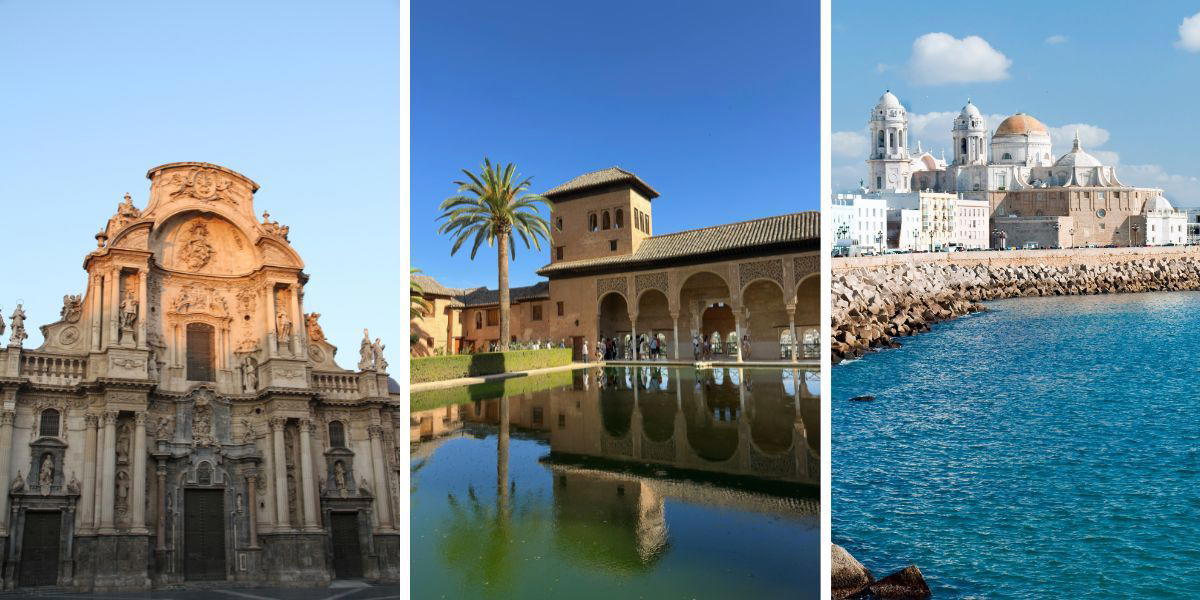 På bilden syns från vänster till höger, Katedralen i Murcia, Alhambrapalatset i Granada och Katedralen i Cádiz. Allt fler svenskar flyttar till Spanien och i de mest populära regionerna där ökar bostadspriserna, i oktober ökade priserna mest i Murcia, Granada och Cádiz.