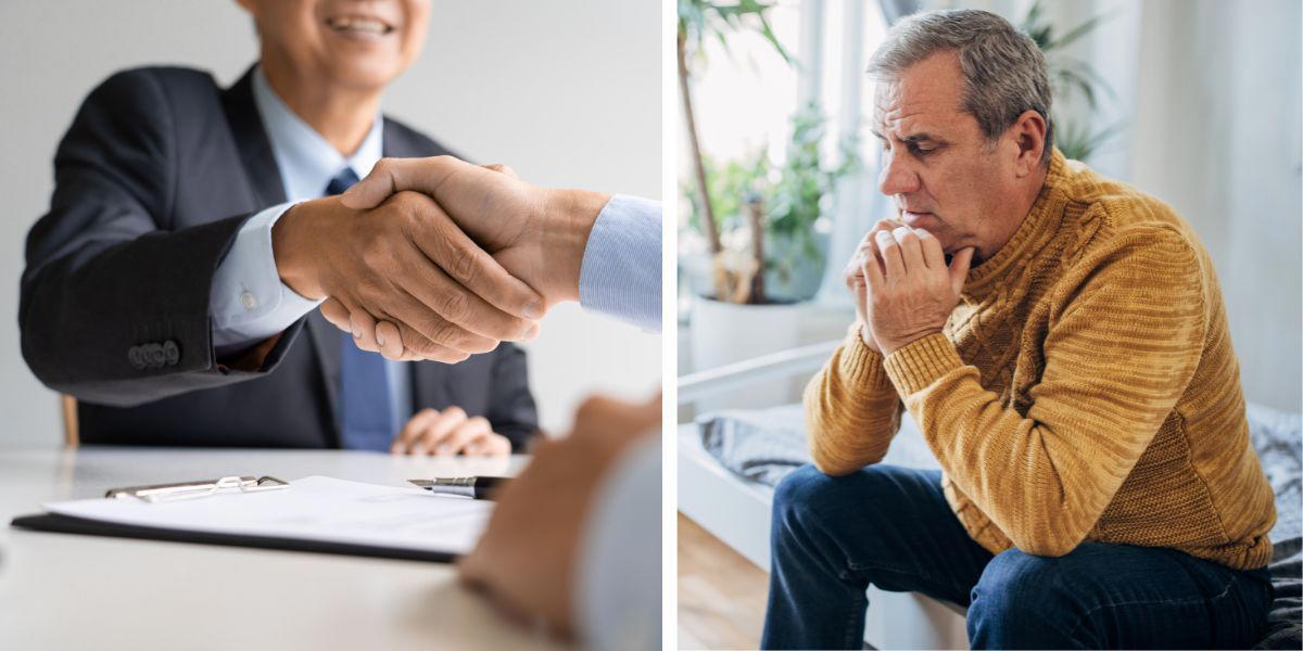 En man på anställningsintervju och en man är bekymrad. Det är kämpigt att bli av med jobbet när man närmar sig 60 och det finns risk att det påverkar pensionen negativt. Mannen på bilden har ingenting med texten att göra.