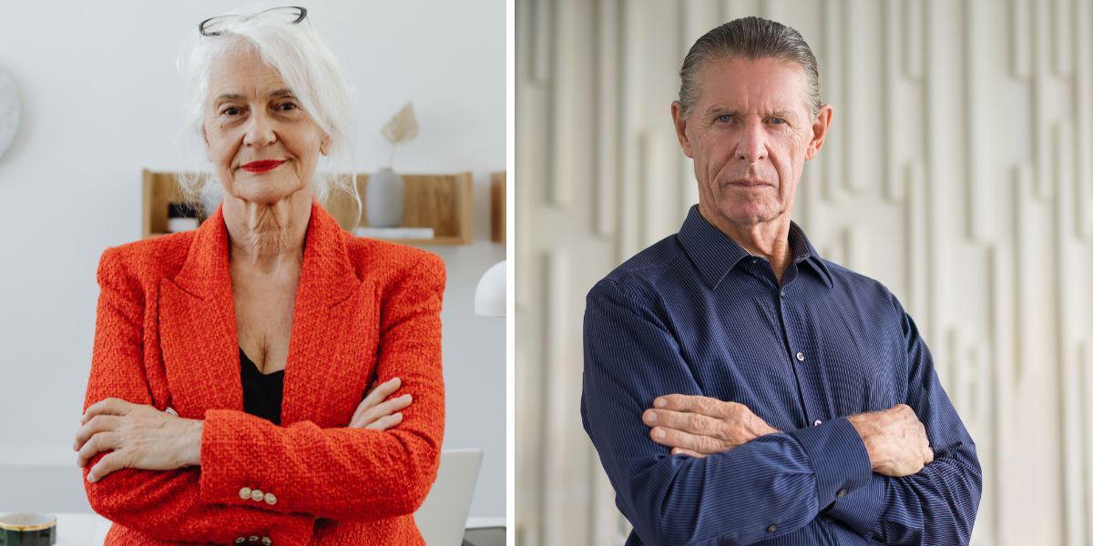 En kvinna och en man med armarna i kors. Det är flera saker som påverkar generationen baby boomers vilja att gå i pension.