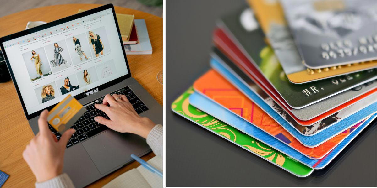 En kvinna skriver in sina kortuppgifter på en webbplats på internet och en hög med betalkort. Var försiktig med dina kortuppgifter när du handlar på internet, Black Week är högsäsong för bedragare och svenska betalkort är eftertraktade i handeln med stulna kortuppgifter.