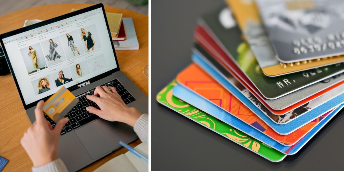 En kvinna skriver in sina kortuppgifter på en webbplats på internet och en hög med betalkort. Var försiktig med dina kortuppgifter när du handlar på internet, Black Week är högsäsong för bedragare och svenska betalkort är eftertraktade i handeln med stulna kortuppgifter.