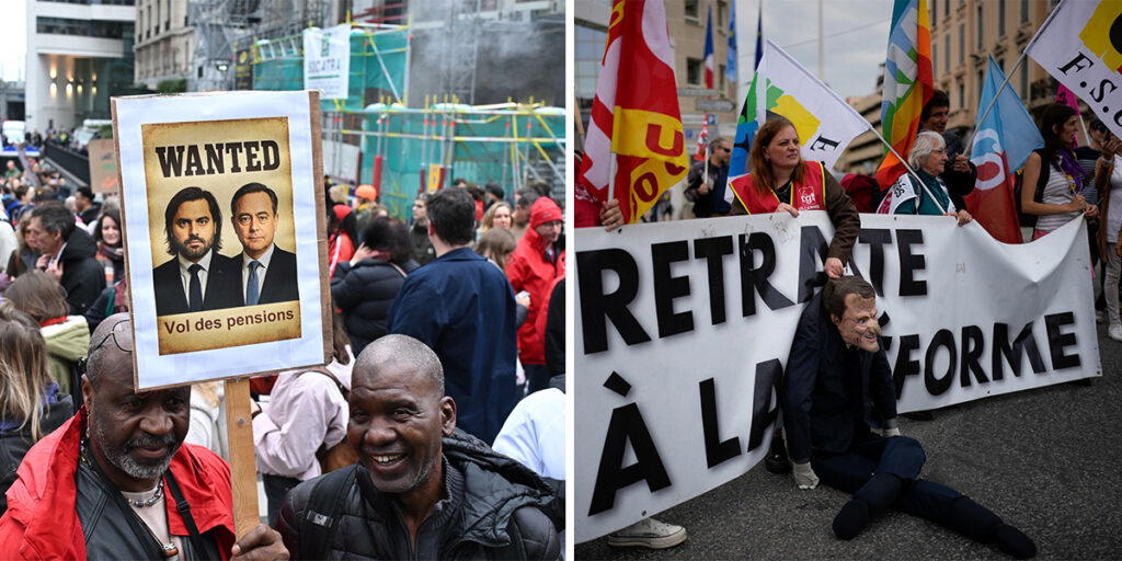 Till vänster: två män håller en skylt med ett foto av Belgiens premiärminister Bart De Wever, med texten "Pensionsstöld", under en demonstration och generalstrejk i oktober 2025. Till höger, en demonstrant håller en docka föreställande president Emmanuel Macron under en demonstration 2023, mot hans pensionsreform.