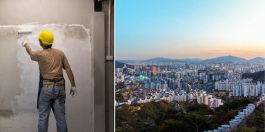 En man jobbar som målare och Sydkoreas huvudstad Seouls skyline.