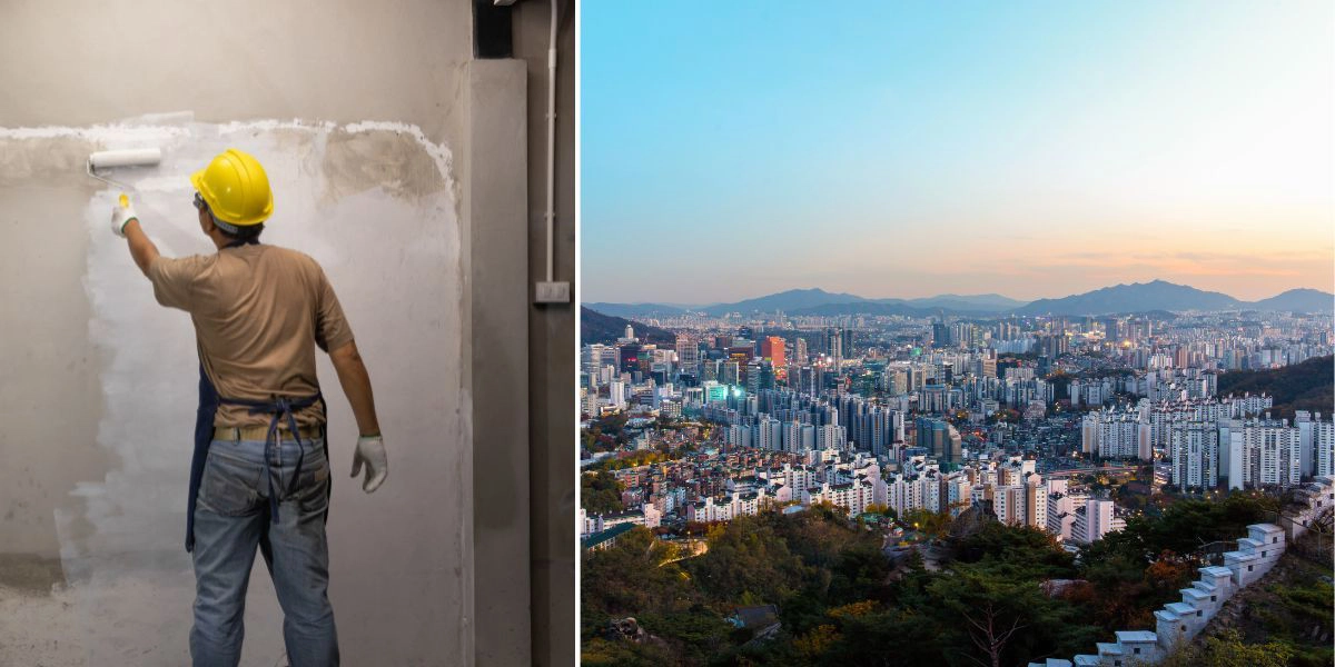 En man jobbar som målare och Sydkoreas huvudstad Seouls skyline.