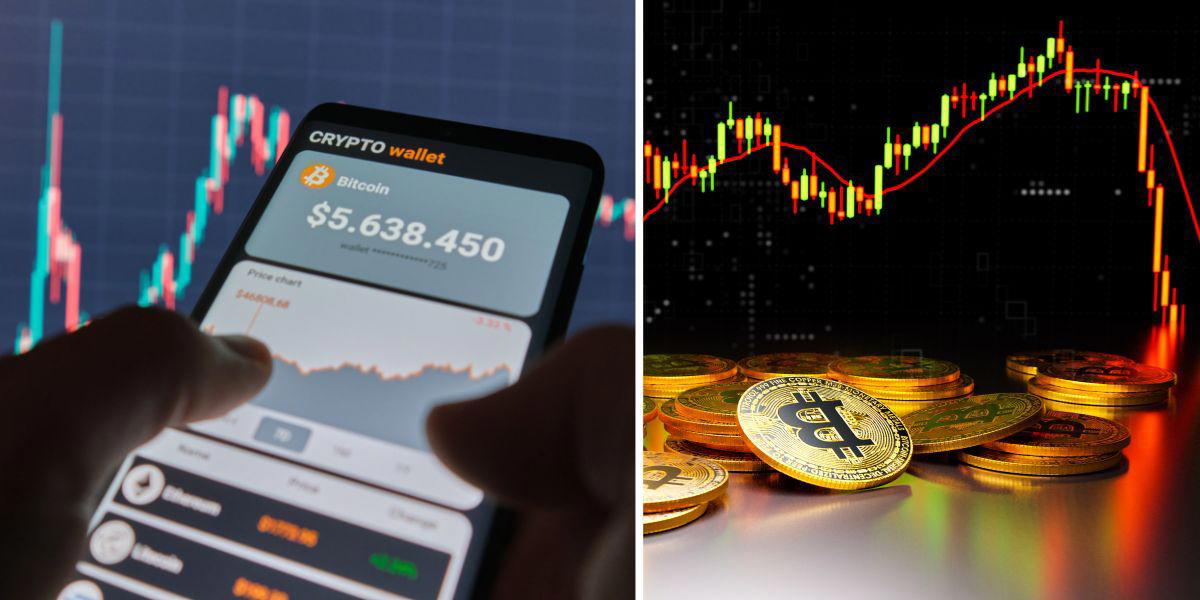 En mibiltelefon med en kryptoplånbol och en graf som visar att kryptokursen har rasat