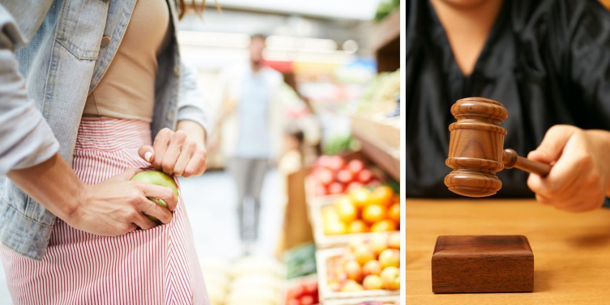 En kvinna stjäl ett åpple och en domarklubba slås. En kvinna som stal mat i en livsmedelsbutik har dömts att betala böter till ett väldigt mycket högre värde än värdet på det hon stal.