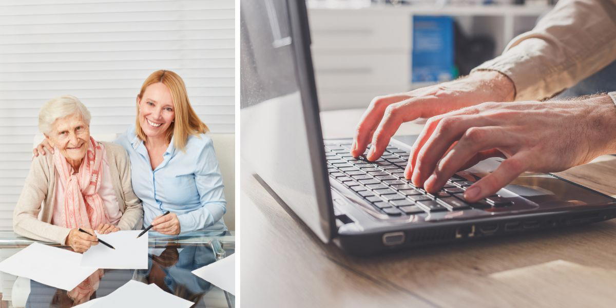 En ung kvinna hjälper en äldre kvinna fylla i papper och en man skriver Det år svårt att fylla i ansökan om bostadstillägg, dessutom är bostadstillägget orättvist, det tycket moderaten Sten Bergheden som skrivit en motion om att göra det mer rättvist.