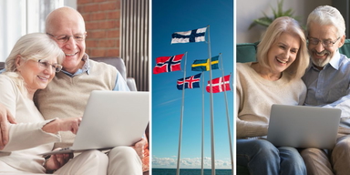 Två äldre par kollar på sina datorer och de nordiska flaggorna. Den äldre befolkningen i Norden har hög digital kompetens i en jämförelse med övriga Europa och det är viktigt eftersom digital kompetens är en viktig del i förbli socialt aktiv efter pensionering, det framgår av en rapport om hur den så kallade silverekonomin kan främjas i Norden.