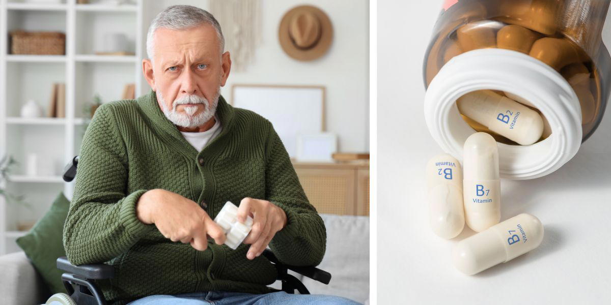 En man med Parkinsons sjukdom tar medicin och en burk med B-vitaminer.