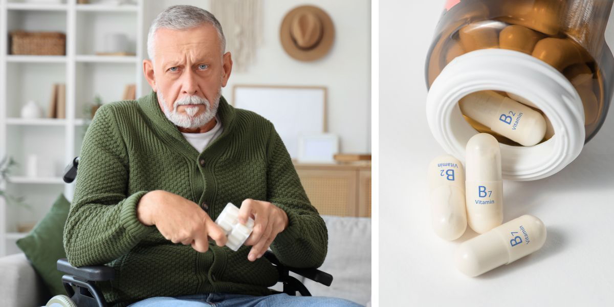 En man med Parkinsons sjukdom tar medicin och en burk med B-vitaminer.