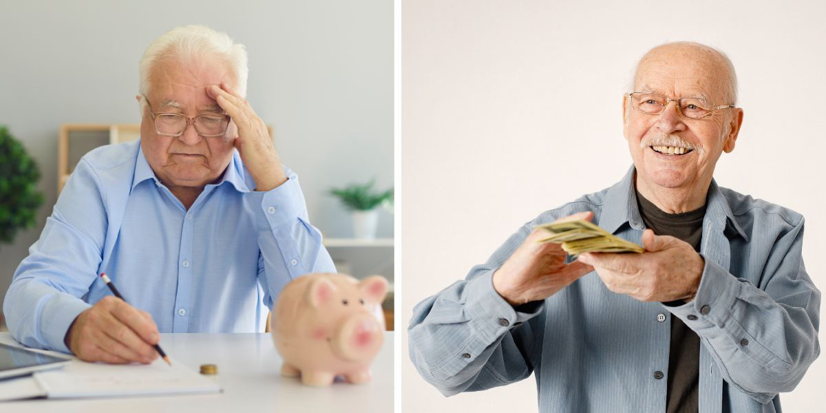 En bekymrad pensionär räknar pengar och en glad pensionär räknar pengar.