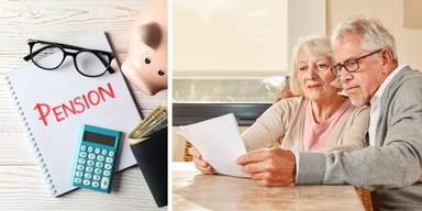 En pensionsuträkning och ett äldre par tittar på ett dokument. Dina sparpengar kanske räcker till att leva på ett år, om du vill ta ut din pension innan riktåldern, men är det smart att göra så?