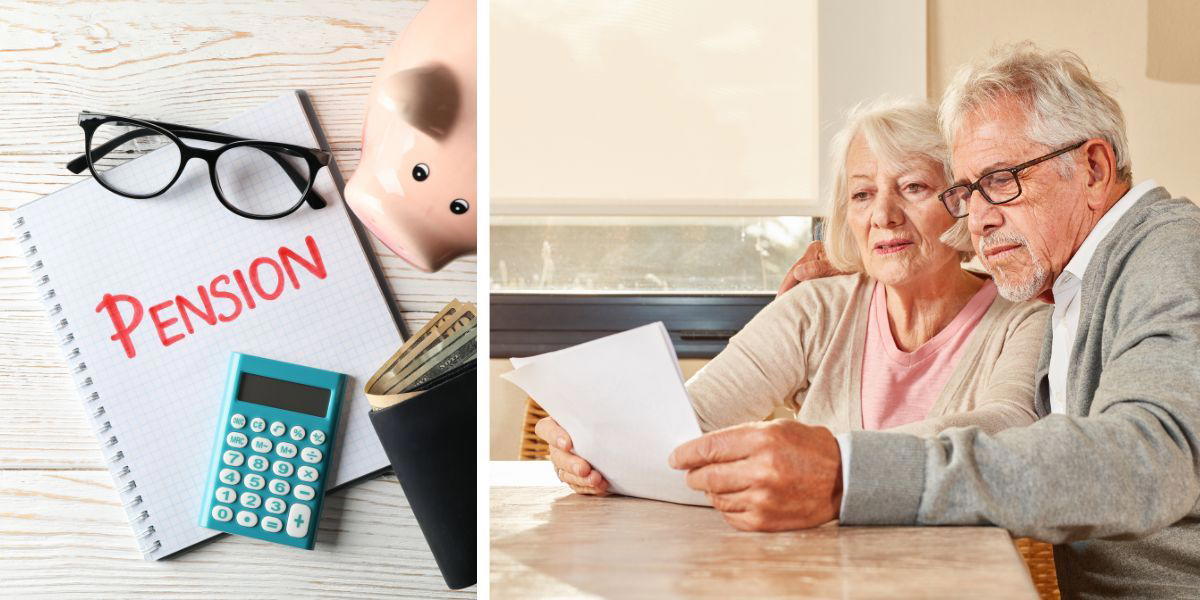 En pensionsuträkning och ett äldre par tittar på ett dokument. Dina sparpengar kanske räcker till att leva på ett år, om du vill ta ut din pension innan riktåldern, men är det smart att göra så?