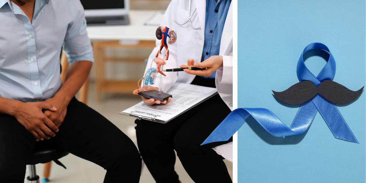 En läkare talar med en patient och blp bandet och en mustasch som symboliserar prostatacancer. Cancer kostar samhället flera miljarder kronor varje år, varför ny behandlingar inte bara är bra för de drabbade individerna utan för hela samhället. Nu har forskare hittat ett hormon som verkar spela en nyckelroll i utvecklingen av prostatacancer, något som så småningom skulle kunna leda till en ny behandling.