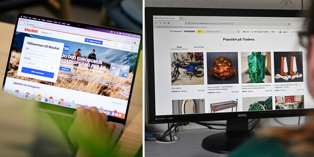 En person tittar på Blocket och en person är inne på Traderas sajt. Om du har en massa prylar i förrådet som du inte använder är chansen stor att många av dem går att sälja på andrahandsmarknaden, här får du lite tips.
