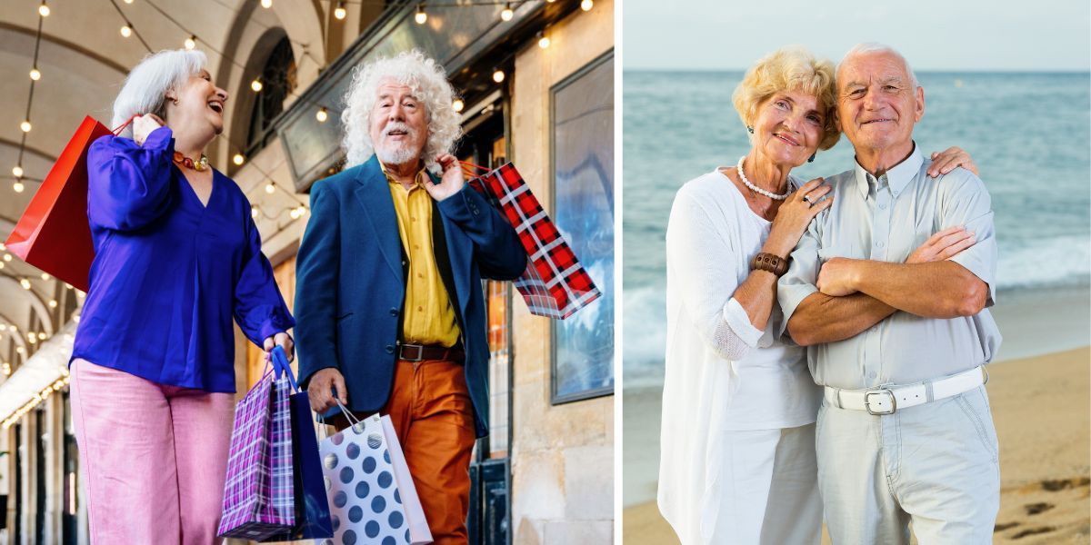 Ett äldre par med shoppingkassar och ett äldre par på semester. Silverekonomin omfattar alla ekonomiska aktiviteter, produkter och tjänster som är utformade för att möta behoven hos människor som är över 50 år och konsumenterna inom silverekonomin har hög köpkraft.