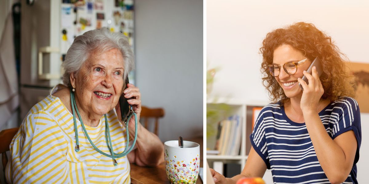 En äldre kvinna talar i telefon med en yngre kvinna. Bedragare kan klona röster med hjälp av AI så att de låter som någon du känner, exempelvis din dotter, de gör det för att lura av dig pengar men du kan skydda dig med ett kodord.