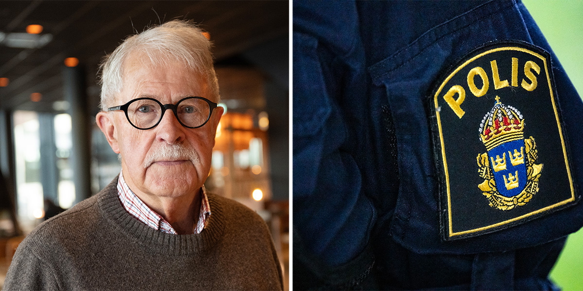 Sverker Oloffson och ett polisemblem på en ärm. Sverker Olofsson är en av fem svenska kändisar som medverkar i polisens nya kampanj mot äldrebedrägerier.