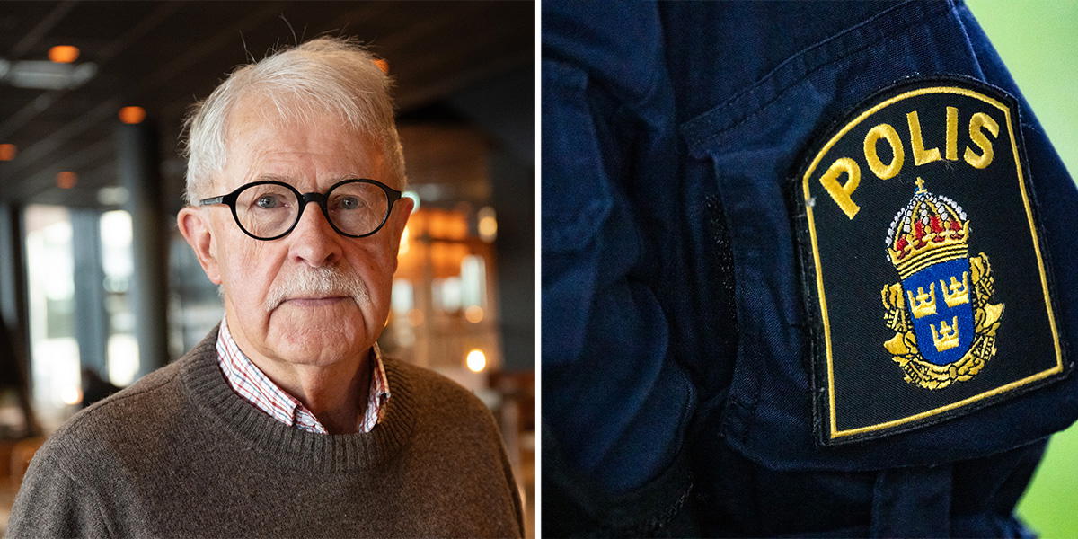 Sverker Oloffson och ett polisemblem på en ärm. Sverker Olofsson är en av fem svenska kändisar som medverkar i polisens nya kampanj mot äldrebedrägerier.