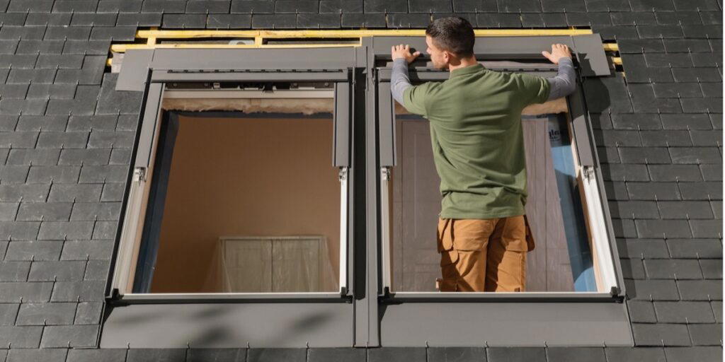 En man sätter in ett takfönster. En av de saker det nu blir enklare att göra är att sätta in takfönster arkitekten Audingas Sumskas på Velux, som är ledande inom takfönster, säger att det öppnar upp för helt nya möjligheter till ljusare, hållbara och mer hälsosamma hem