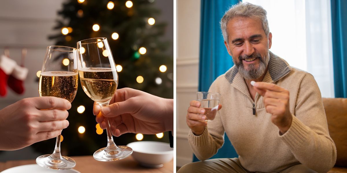 Några skålar i vin och en man tar medicin. Inför jul och nyår då vi ofta firar och skålar i alkohol, är det bra att tänka på att alkohol kan interagera med vissa läkemedel på farliga sätt. Det är ett av sex råd som kan förbättra din säkerhet under storhelgerna.