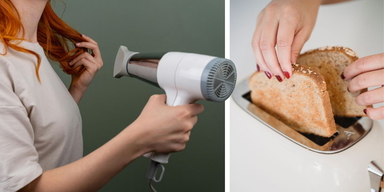 En kvinna fönar håret och en kvinna tar ut bröd ur en brödrost. Vanliga hushållsapparater som hårfönar och brödrostar kan släppa ut skadliga ultrafina partiklar som sätter sig i våra lungor.